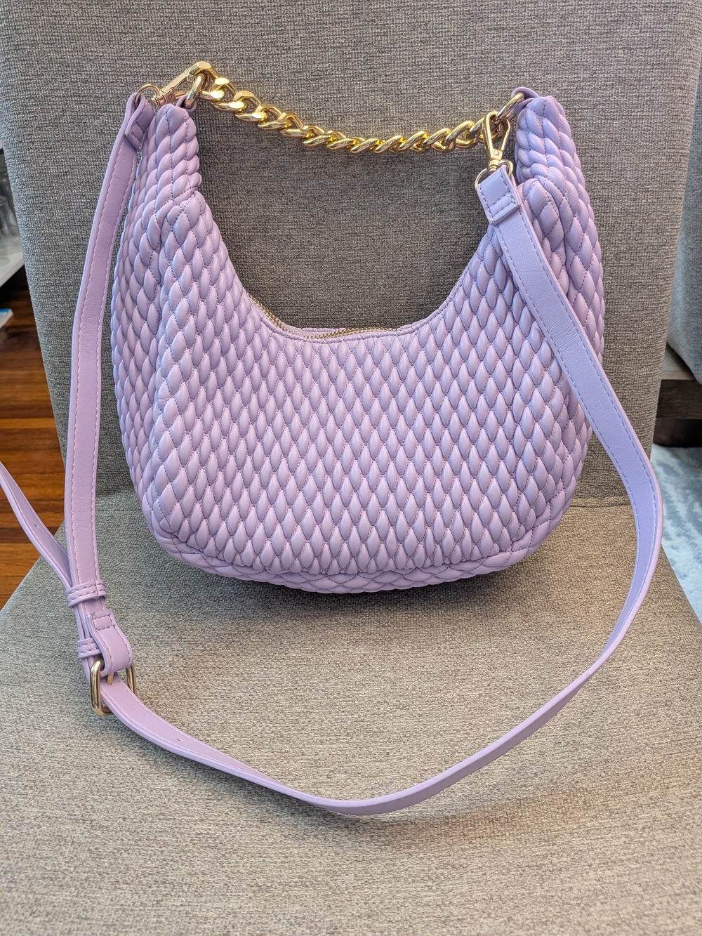 Lavender Quilted Shoulder Bag with Gold Chain